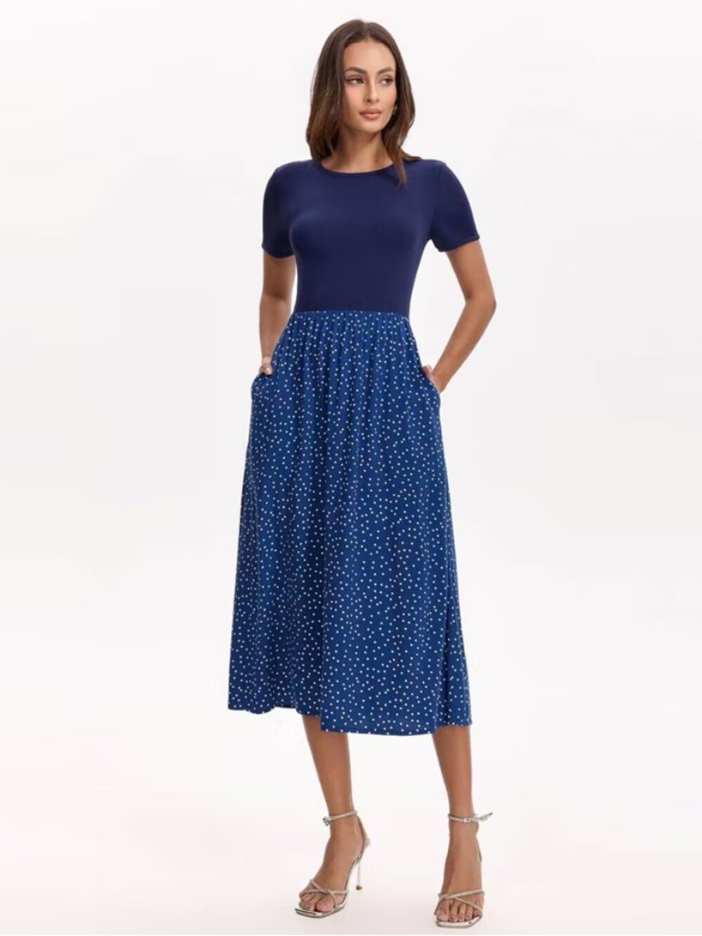 Women's Short Sleeve Contrast Midi Dress - A New Day Navy Blue Polka Dots XS